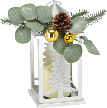 Świąteczny Lampion Metalowy srebrny ze stojakiem - 12,5x12,5x30,5cm - LED