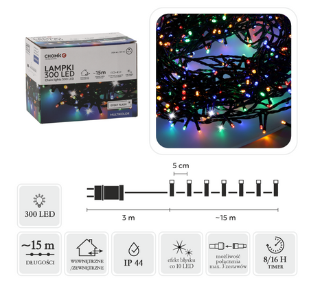 LAMPKI LED 300L MULTIKOLOR + ZIMNY FLASH, DŁ. 3 + 15 M WEWN/ZEWN