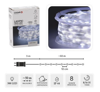 LAMPKI LED MICRO NA SZPULI 500L ZIMNY BIAŁY, DŁ. 3 + 50 M