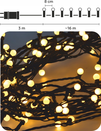 LAMPKI LED KULKI 200L CIEPŁY BIAŁY, DŁ. 3 + 16 M