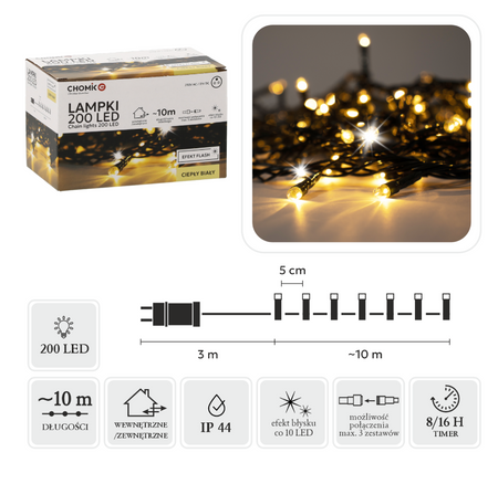 LAMPKI LED 200L CIEPŁY BIAŁY + ZIMNY FLASH, DŁ. 3 + 10 M WEWN/ZEWN