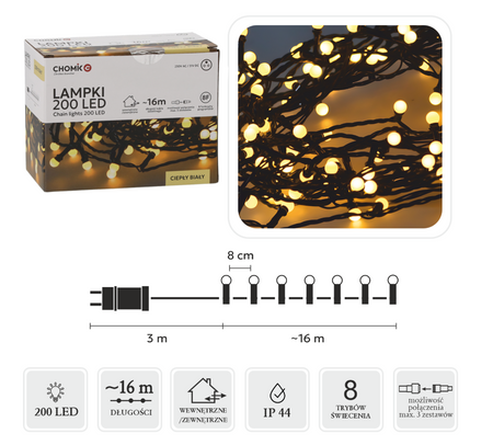 LAMPKI LED KULKI 200L CIEPŁY BIAŁY, DŁ. 3 + 16 M