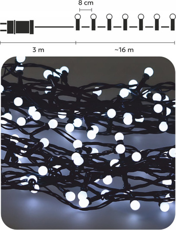 LAMPKI LED KULKI 200L ZIMNY BIAŁY, DŁ. 3 + 16 M