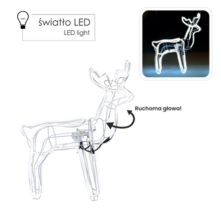 ŚWIĄTECZNY RENIFER Z RUCHOMĄ GŁOWĄ NEON LED 64 x 22 x 70 CM ZIMNY BIAŁY WEWN/ZEWN