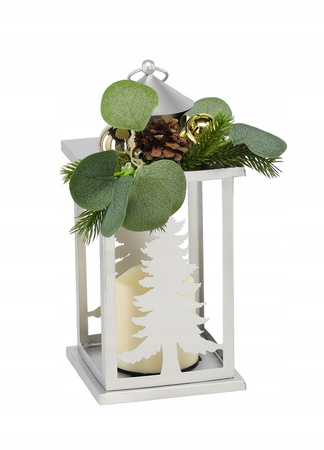 Świąteczny Lampion Metalowy srebrny ze stojakiem - 12,5x12,5x30,5cm - LED