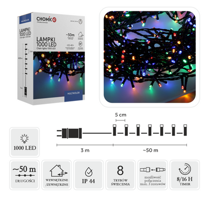 LAMPKI LED 1000L MULTIKOLOR DŁ. 3 + 50 M WEWN/ZEWN