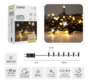 LAMPKI LED 1000L CIEPŁY BIAŁY + ZIMNY FLASH, DŁ. 3 + 50 M WEWN/ZEWN