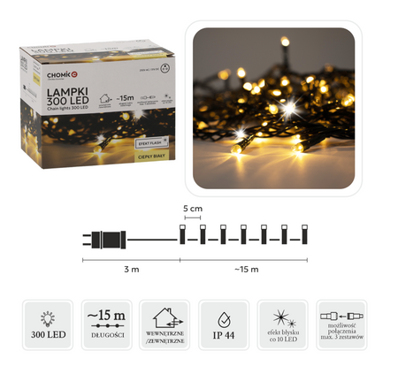 LAMPKI LED 300L CIEPŁY BIAŁY + ZIMNY FLASH, DŁ. 3 + 15 M WEWN/ZEWN