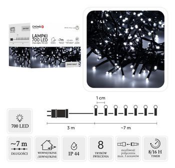 LAMPKI LED CLUSTER 700L ZIMNY BIAŁY, DŁ. 3 + 7 M WEWN/ZEWN