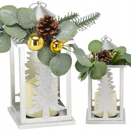 Świąteczny Lampion Metalowy srebrny ze stojakiem - 12,5x12,5x30,5cm - LED
