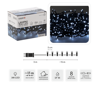 LAMPKI LED 300L ZIMNY BIAŁY DŁ. 3 + 15 M WEWN/ZEWN