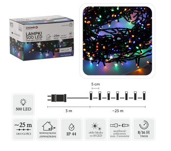 LAMPKI LED 500L MULTIKOLOR + ZIMNY FLASH, DŁ. 3 + 25 M WEWN/ZEWN