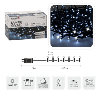 LAMPKI LED 200L ZIMNY BIAŁY + ZIMNY FLASH, DŁ. 3 + 10 M WEWN/ZEWN