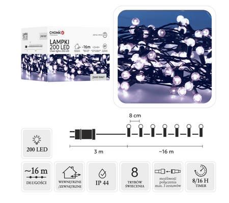 LAMPKI LED CHERRY BALL 200L ZIMNY BIAŁY, DŁ. 3 + 16 M
