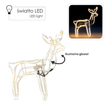 ŚWIĄTECZNY RENIFER Z RUCHOMĄ GŁOWĄ NEON LED 64 x 22 x 70 CM CIEPŁY BIAŁY WEWN/ZEWN
