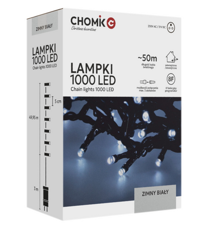 LAMPKI LED 1000L ZIMNY BIAŁY DŁ. 3 + 50 M WEWN/ZEWN