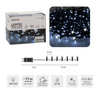 LAMPKI LED 300L ZIMNY BIAŁY + ZIMNY FLASH, DŁ. 3 + 15 M WEWN/ZEWN