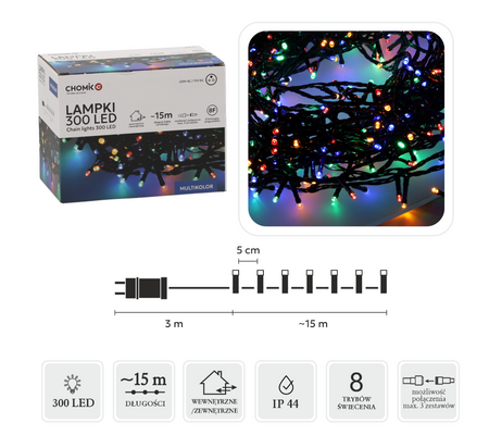 LAMPKI LED 300L MULTIKOLOR DŁ. 3 + 15 M WEWN/ZEWN