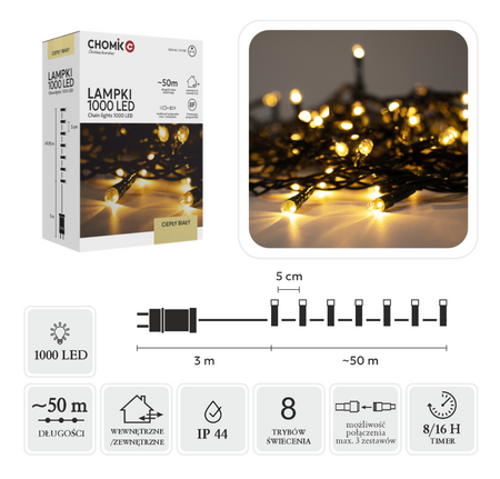 LAMPKI LED 1000L CIEPŁY BIAŁY DŁ. 3 + 50 M WEWN/ZEWN
