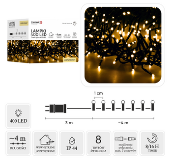 LAMPKI LED CLUSTER 400L CIEPŁY BIAŁY, DŁ. 3 + 4 M WEWN/ZEWN