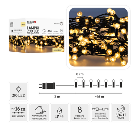 LAMPKI LED CHERRY BALL 200L CIEPŁY BIAŁY, DŁ. 3 + 16 M