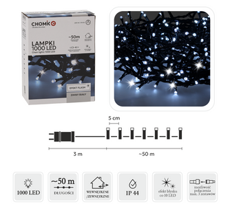 LAMPKI LED 1000L ZIMNY BIAŁY + ZIMNY FLASH, DŁ. 3 + 50 M WEWN/ZEWN