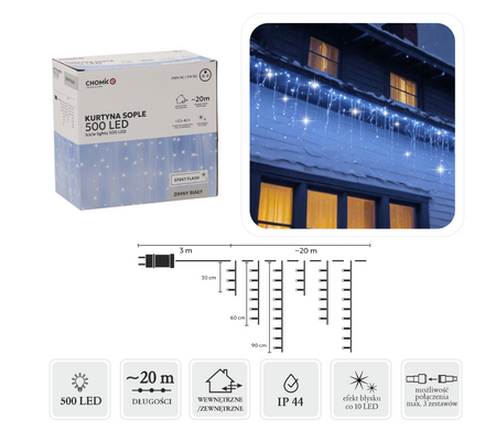 KURTYNA SOPLE 500L ZIMNY BIAŁY + ZIMNY FLASH, DŁ. 3 + 20 M