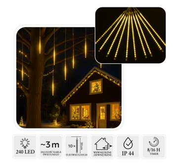 KURTYNA METEORY LED 10 SZT 30 CM CIEPŁY BIAŁY, DŁ. 3 + 2,7 M WEWN/ZEWN