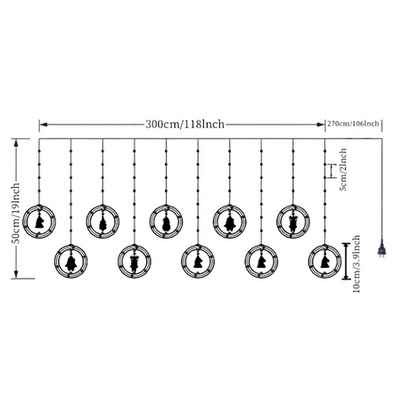 Kurtyna LED z figurkami – 10 kółek, 110 LED, 8 trybów, sterowanie pilotem