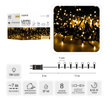 LAMPKI LED CLUSTER 700L CIEPŁY BIAŁY, DŁ. 3 + 7 M WEWN/ZEWN