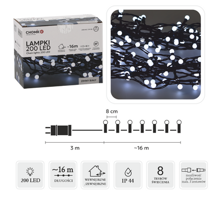 LAMPKI LED KULKI 200L ZIMNY BIAŁY, DŁ. 3 + 16 M