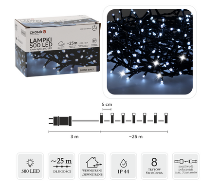LAMPKI LED 500L ZIMNY BIAŁY, DŁ. 3 + 25 M WEWN/ZEWN