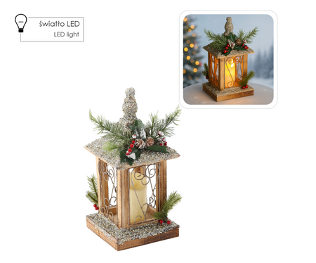ŚWIĄTECZNY LAMPION ZE ŚWIECZKĄ DREWNIANY LED 18 x 18 x 38 CM