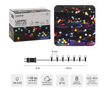 LAMPKI LED KULKI 200L MULTIKOLOR, DŁ. 3 + 16 M