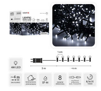 LAMPKI LED CLUSTER 400L ZIMNY BIAŁY, DŁ. 3 + 4 M WEWN/ZEWN