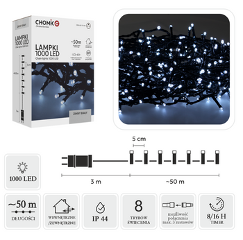 LAMPKI LED 1000L ZIMNY BIAŁY DŁ. 3 + 50 M WEWN/ZEWN