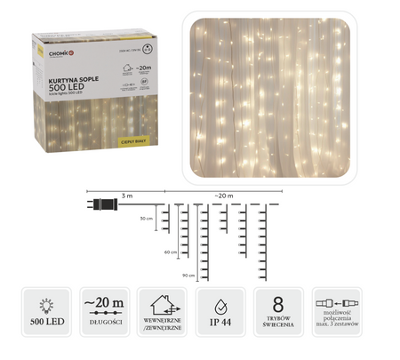 KURTYNA SOPLE 500L CIEPŁY BIAŁY DŁ. 3 + 20 M