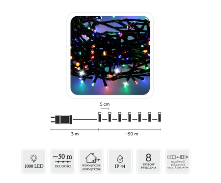 LAMPKI LED 1000L MULTIKOLOR DŁ. 3 + 50 M WEWN/ZEWN