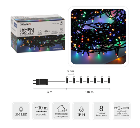 LAMPKI LED 200L MULTIKOLOR DŁ. 3 + 10 M WEWN/ZEWN